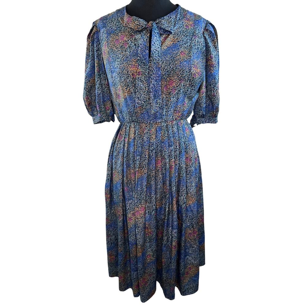 Vintage Unbranded Women's Colorful Printed Tie-Neck Pleated Skirt Midi Dress S